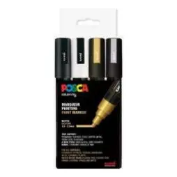 Posca Tusch - PC-5M - Pakke med 4 stk. (Guld, sølv, sort og hvid) - Posca sortiment